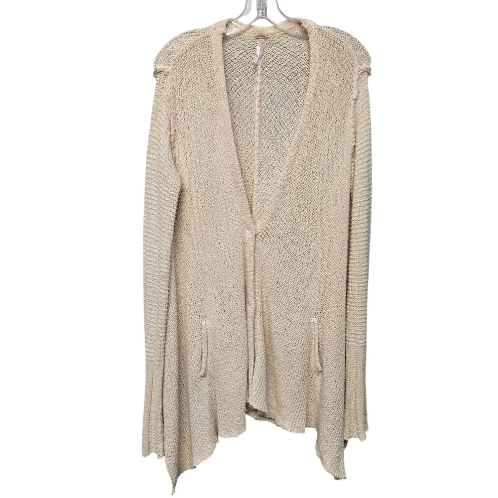 Free People Cardigan Sweater XS Beige Oversized Crochet Knit Shark Bite Hem Cozy